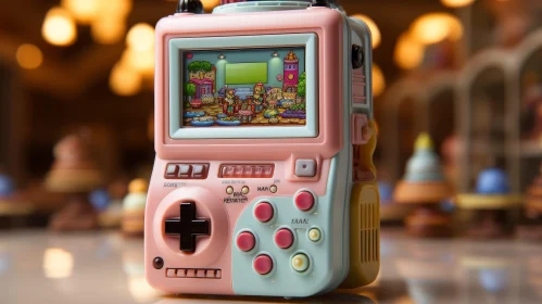 Handheld Video Game with Pink and Blue Body - House and Tree Scene