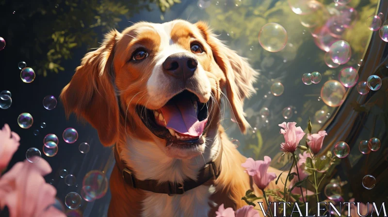 Happy Dog with Bubbles and Flowers AI Image