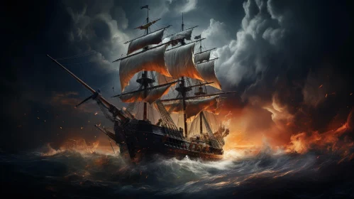 Pirate Ship Adventure in Moonlit Storm on the Sea