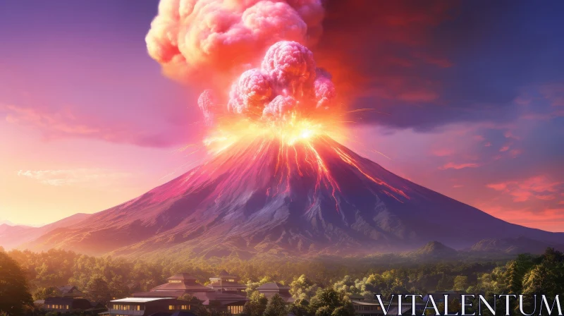 AI ART Powerful Volcanic Eruption at Sunset - Nature's Wrath Unleashed
