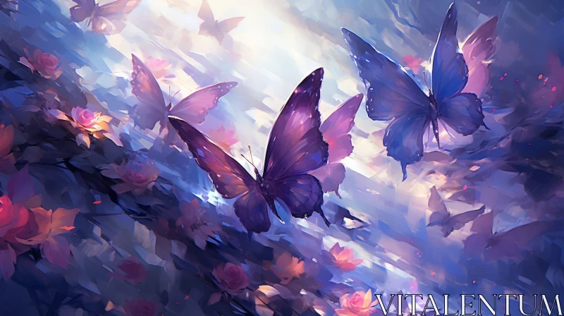 Purple Butterflies in Field of Flowers Watercolor Painting AI Image