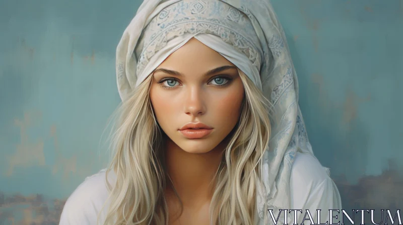 AI ART Serious Young Woman Portrait with Blonde Hair and Green Eyes