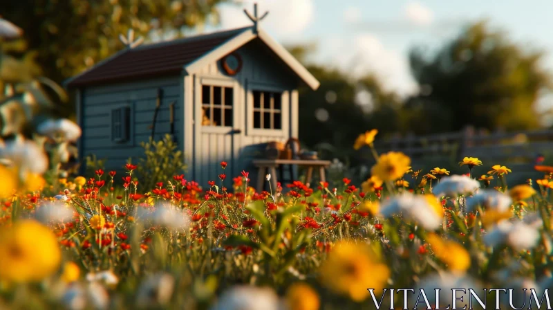 Tranquil Garden Shed in Flower Field AI Image
