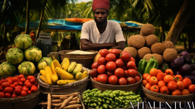 African Man Selling Fruits and Vegetables at Market AI Image