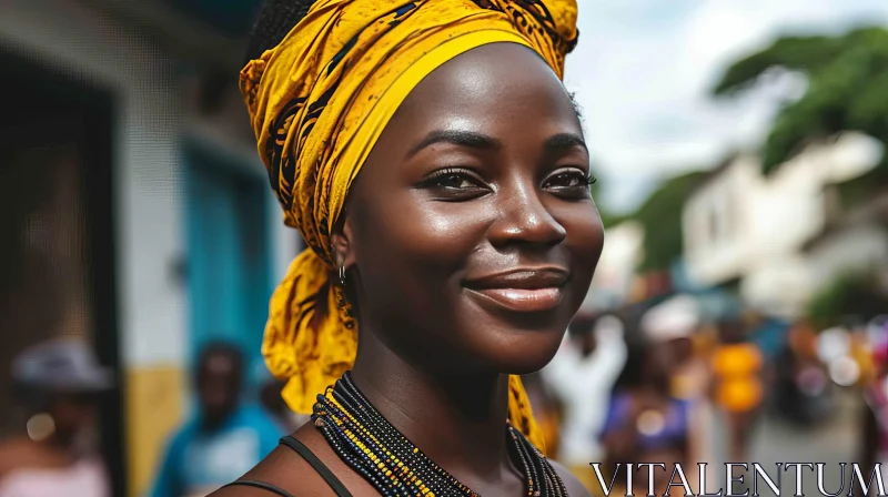 African Woman in Yellow Headscarf at Market AI Image
