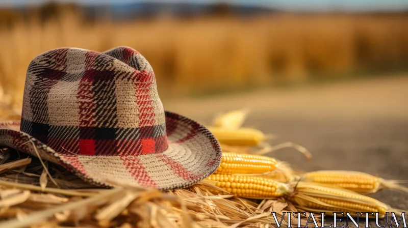 Brown Straw Cowboy Hat on Corn Stalks Field AI Image