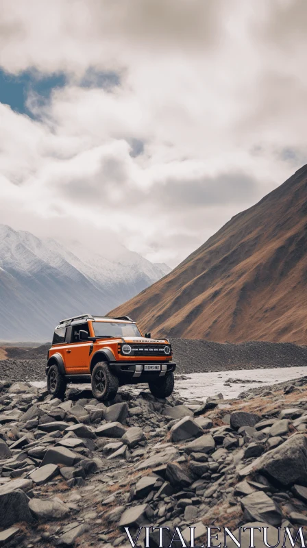 Captivating Ford Bronco on Rocky Road with Majestic Mountains AI Image