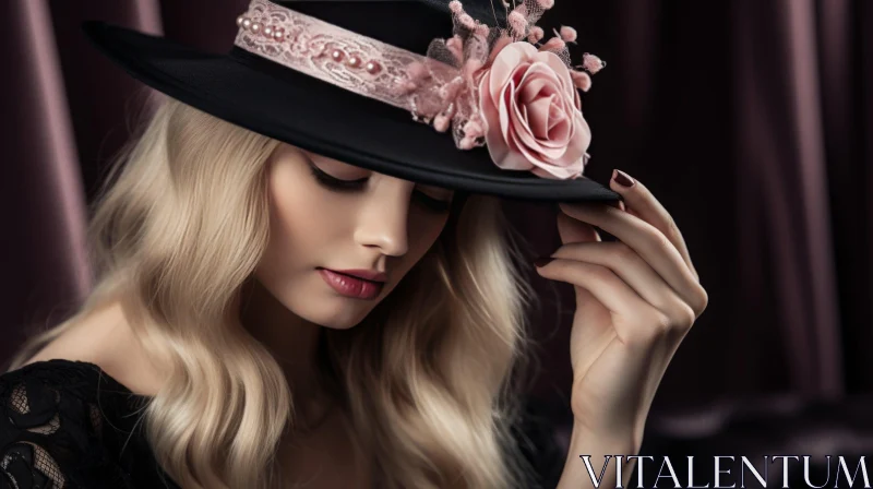 Elegant Woman in Black Hat and Pink Flower AI Image