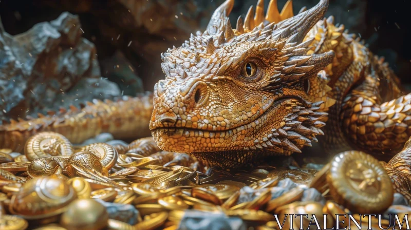 AI ART Golden Dragon 3D Rendering on Gold Coins in Dark Cave