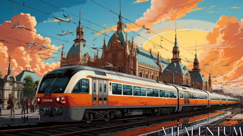 Grand Train Station Painting with Cityscape View AI Image