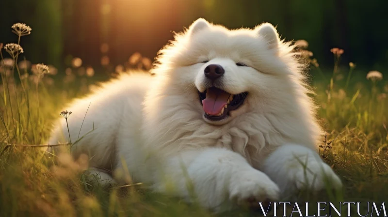 Joyful White Fluffy Dog in Green Field AI Image
