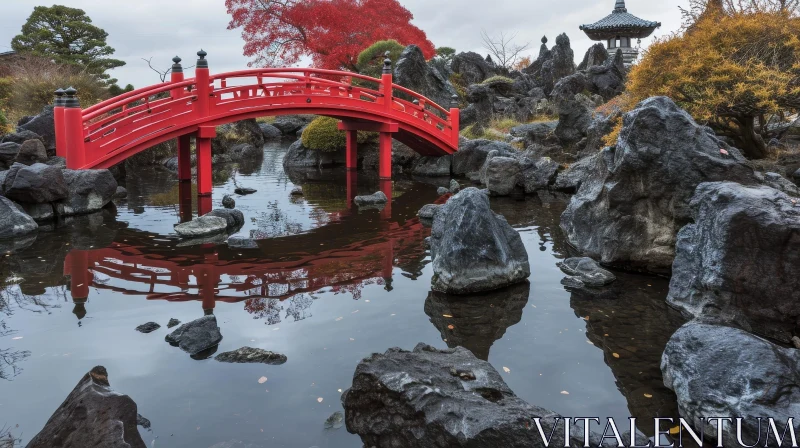 Tranquil Japanese Garden Landscape with Red Arched Bridge AI Image