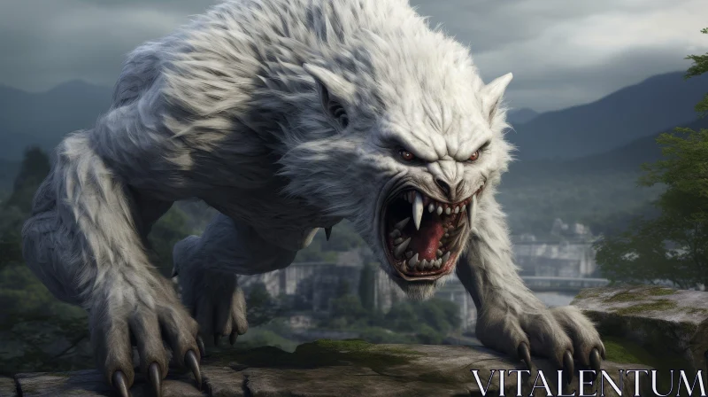 White Werewolf Digital Painting in Ruined City AI Image