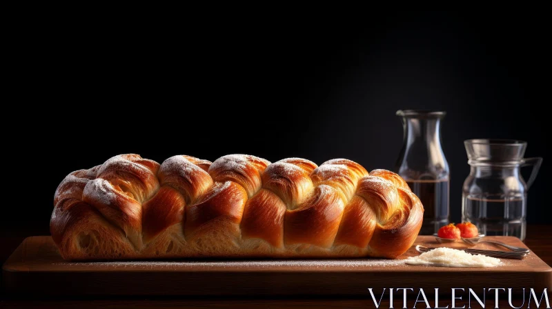 Delicious Braided Bread with Powdered Sugar on Wooden Table AI Image
