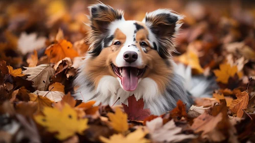 Joyful Australian Shepherd Dog in Autumn Leaves
