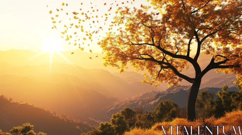Majestic Fall Tree Landscape at Sunset AI Image