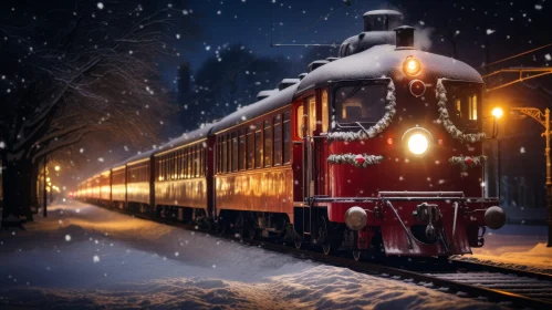 Passenger Train in Snowy Forest at Night