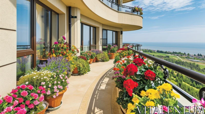 Scenic Balcony View of Sea and Colorful Flowers AI Image