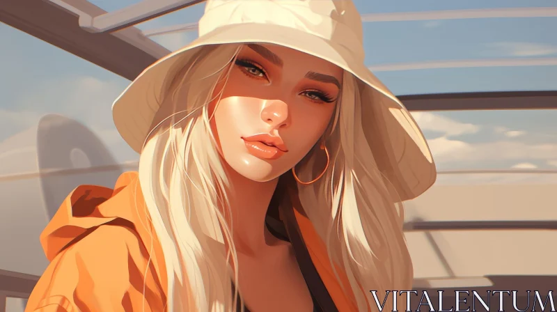 AI ART Serious Young Woman Portrait in White Bucket Hat