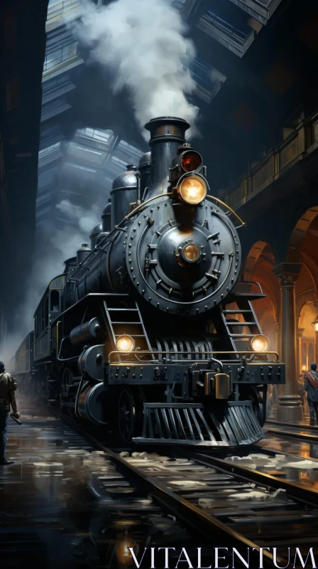 Vintage Steam Locomotive Painting at Train Station AI Image