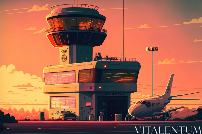 Airport Control Tower at Sunset: Neo-Pop Illustrations and Realistic Hyper-Detailed Portraits AI Image