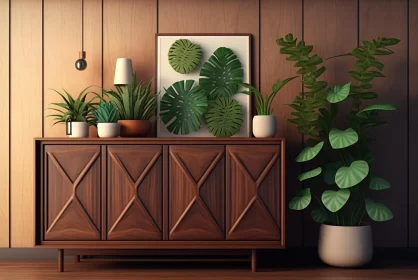 Captivating 3D Illustration of Plants and Wooden Cabinet | Midcentury Modern Style