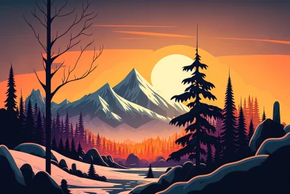 Captivating Sunset Landscape Illustration with Winter Mountains and Autumn Trees