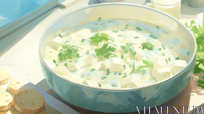 Delicious Bowl of Soup with Tofu and Greens AI Image