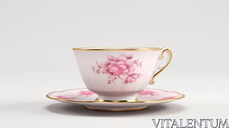 AI ART Elegant Pink and White Porcelain Teacup with Golden Handle and Roses
