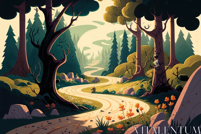 Enchanting Forest Road Illustration - Whimsical Nature Art AI Image