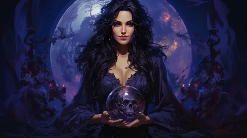 Enigmatic Woman with Crystal Ball and Skull