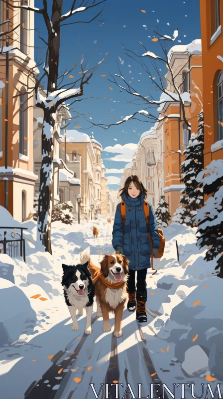 AI ART Girl Walking Dogs in Snowy Street Painting