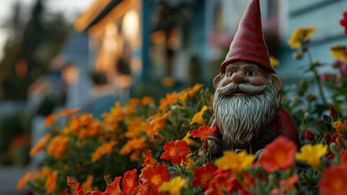 Majestic Ceramic Garden Gnome in Flower Bed