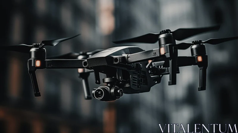 Modern Black Professional Drone Hovering in Cityscape AI Image