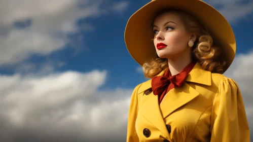 Serious Young Woman in Yellow Coat and Brown Hat Under Blue Sky