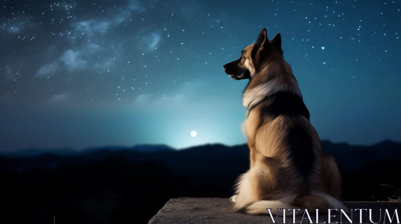 Starry Night Landscape with Dog - Serene Nature Scene AI Image