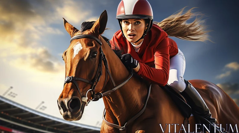 Young Woman Riding Brown Horse in Stadium AI Image