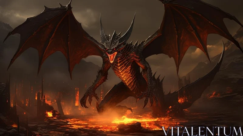 Black Dragon in Fiery City - Digital Fantasy Art AI Image