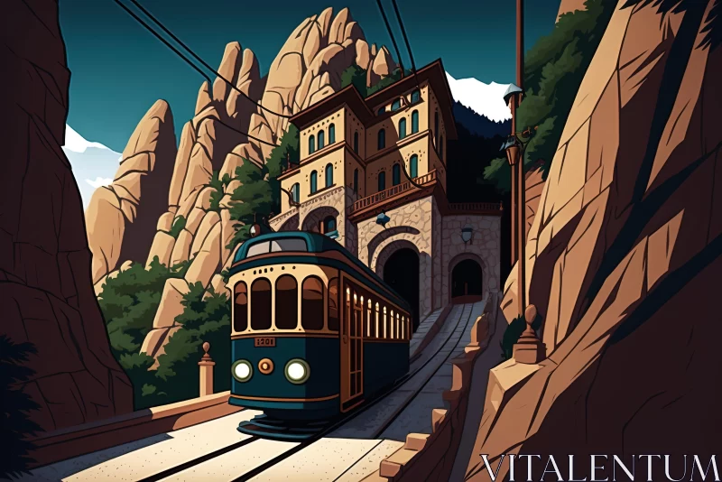 Captivating Tram Illustration with Majestic Mountainous Vistas AI Image