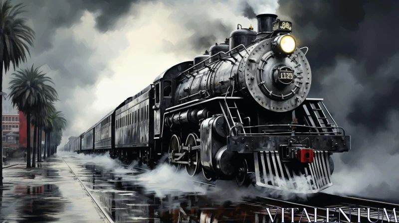 Cityscape Painting with Steam Locomotive and Train AI Image