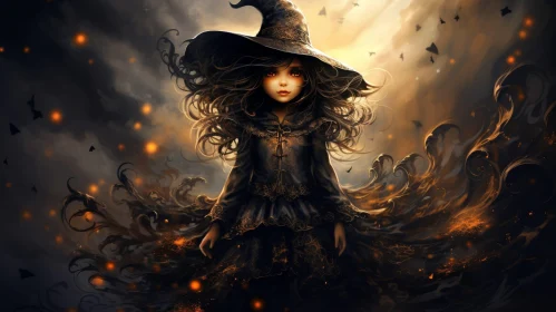 Dark Fantasy Illustration of a Mysterious Witch Girl in Forest