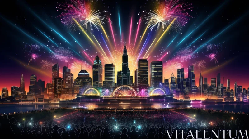 AI ART Night City Skyline with Fireworks - Festive Urban Scene