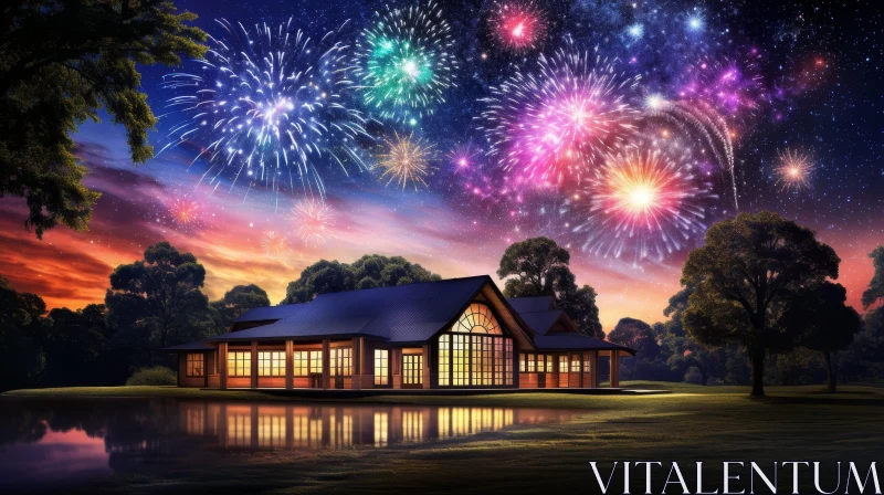 Night Scene with House, Fireworks, Trees, and Lake AI Image