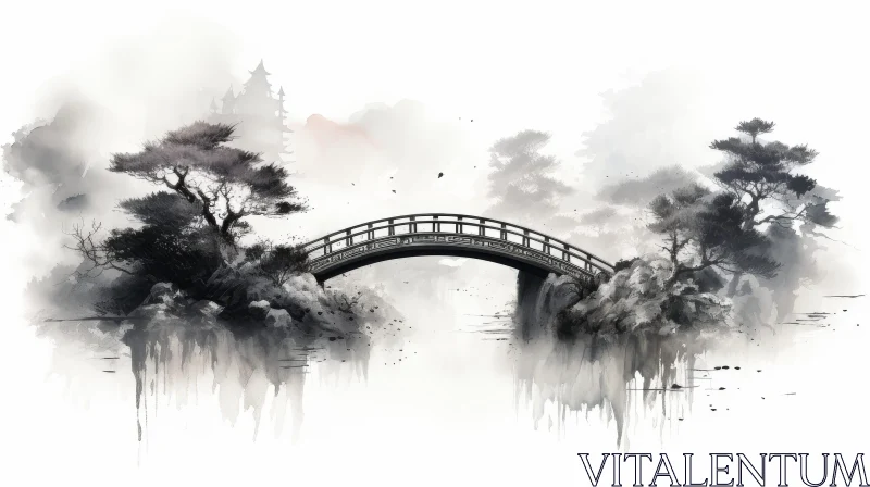 Tranquil Watercolor Painting of Bridge Over River AI Image