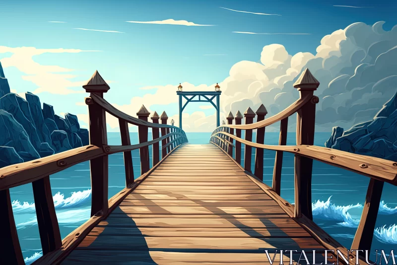 Wooden Bridge Over the Ocean: Captivating Cartoon Realism AI Image