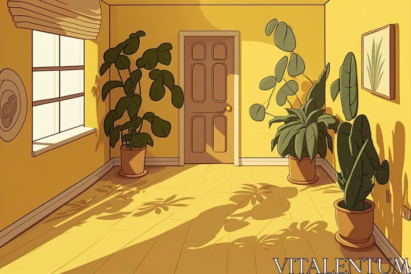 Captivating Illustration of an Empty Yellow Room with Plants AI Image