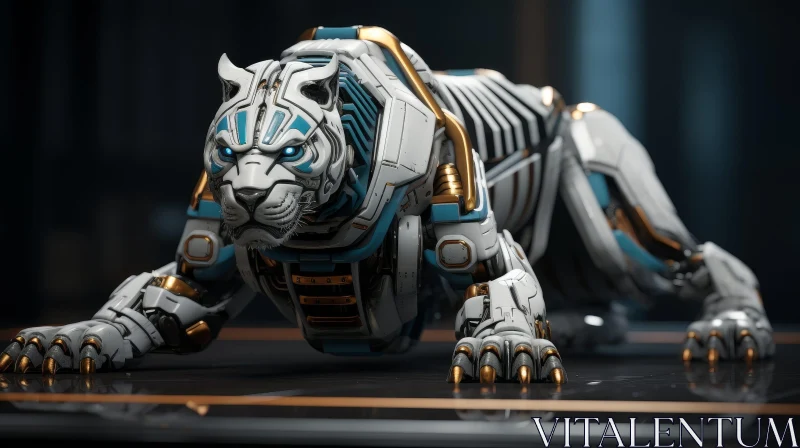 Futuristic Robotic Tiger in Blue and White AI Image