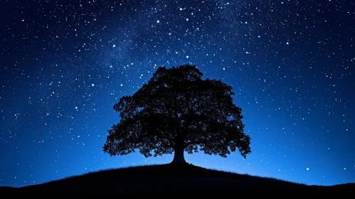 Night Landscape: Tree Silhouette under Starry Sky