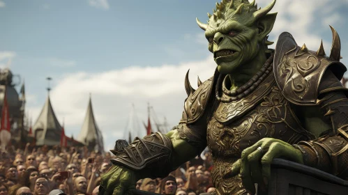 Powerful Green Orc in Golden Armor Surrounded by Humans