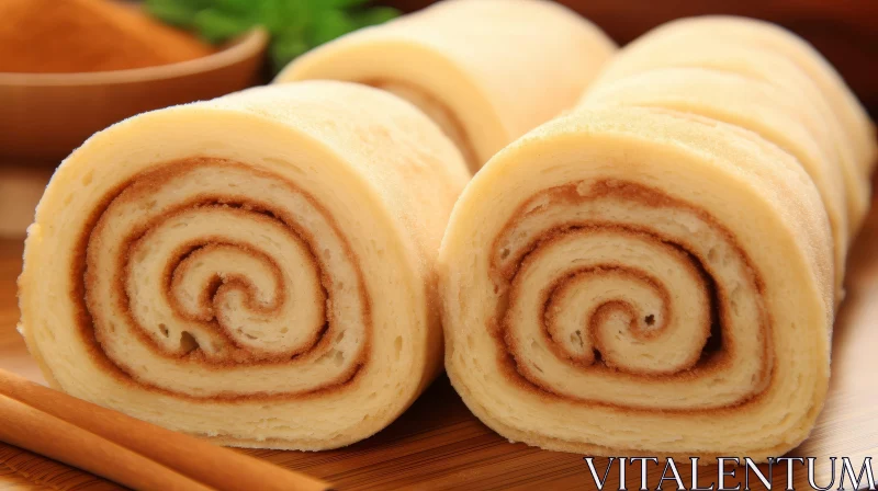 Spiral Cinnamon Roll Close-up on Wooden Cutting Board AI Image